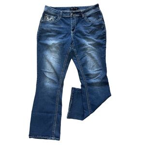 LOVE INDIGO Mid Rise Bootcut Jeans Size 14 Embellished Cross Pocket ✨
